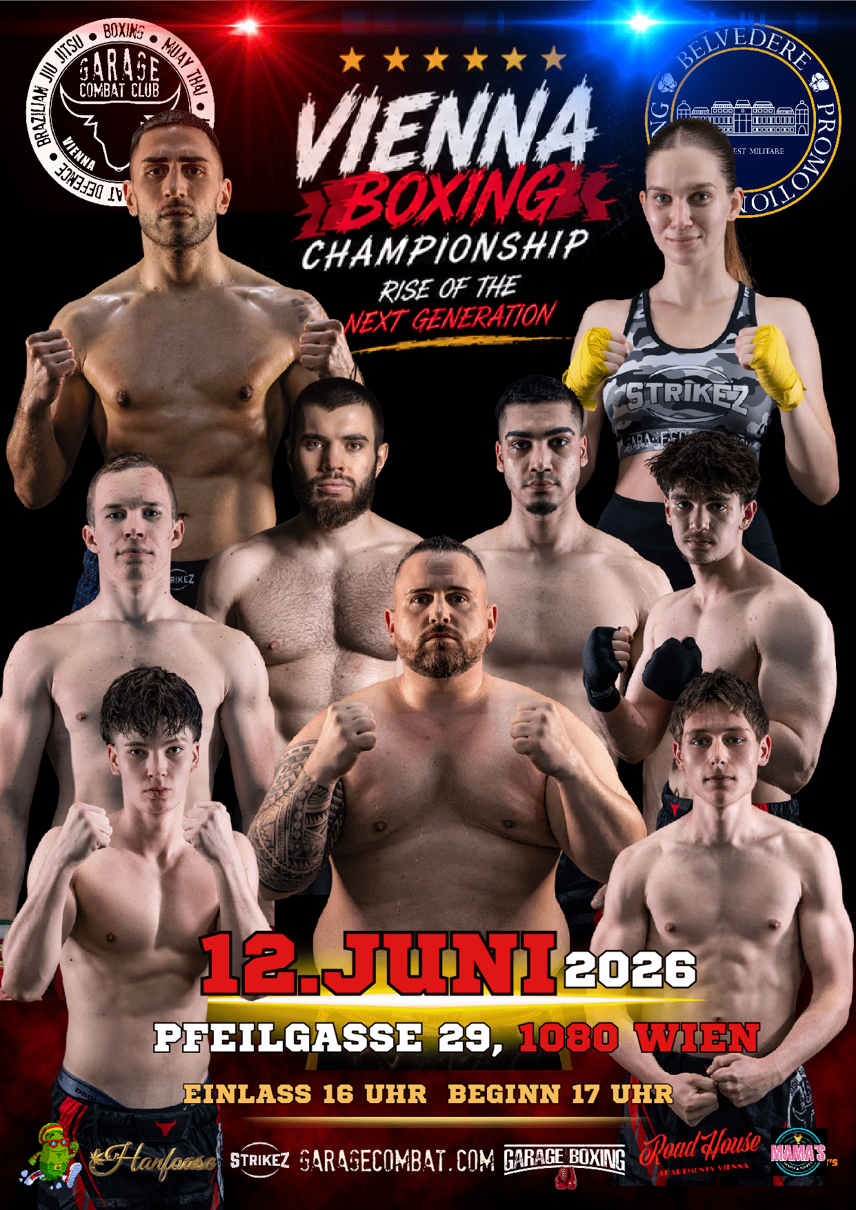 Eventplakat der Vienna Boxing Championship „Rise of the Next Generation“ am 12. Juni 2026 in der Pfeilgasse 29, 1080 Wien, mit mehreren Boxerinnen und Boxern, roten und blauen Lichteffekten sowie den Logos von Garage Combat Club und Belvedere Promotion.